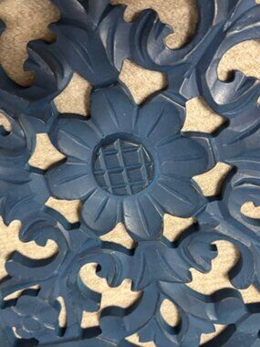 Set of 2 Blue Carved Wood Wall Panels Floral Medallion 16x16